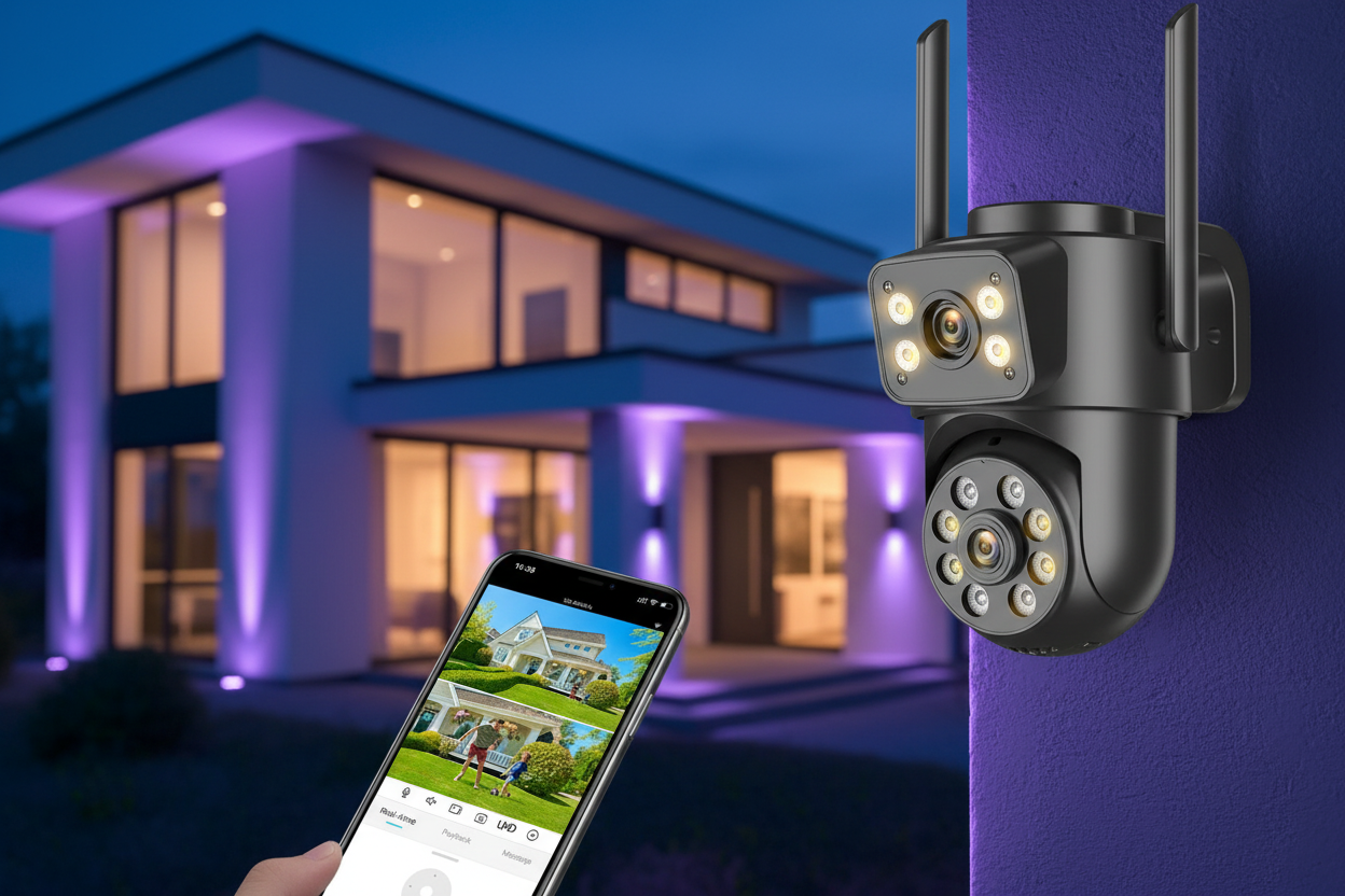 Dual-lens camera installed on home exterior