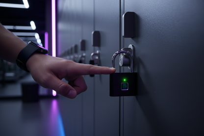 Fingerprint padlock securing gym locker