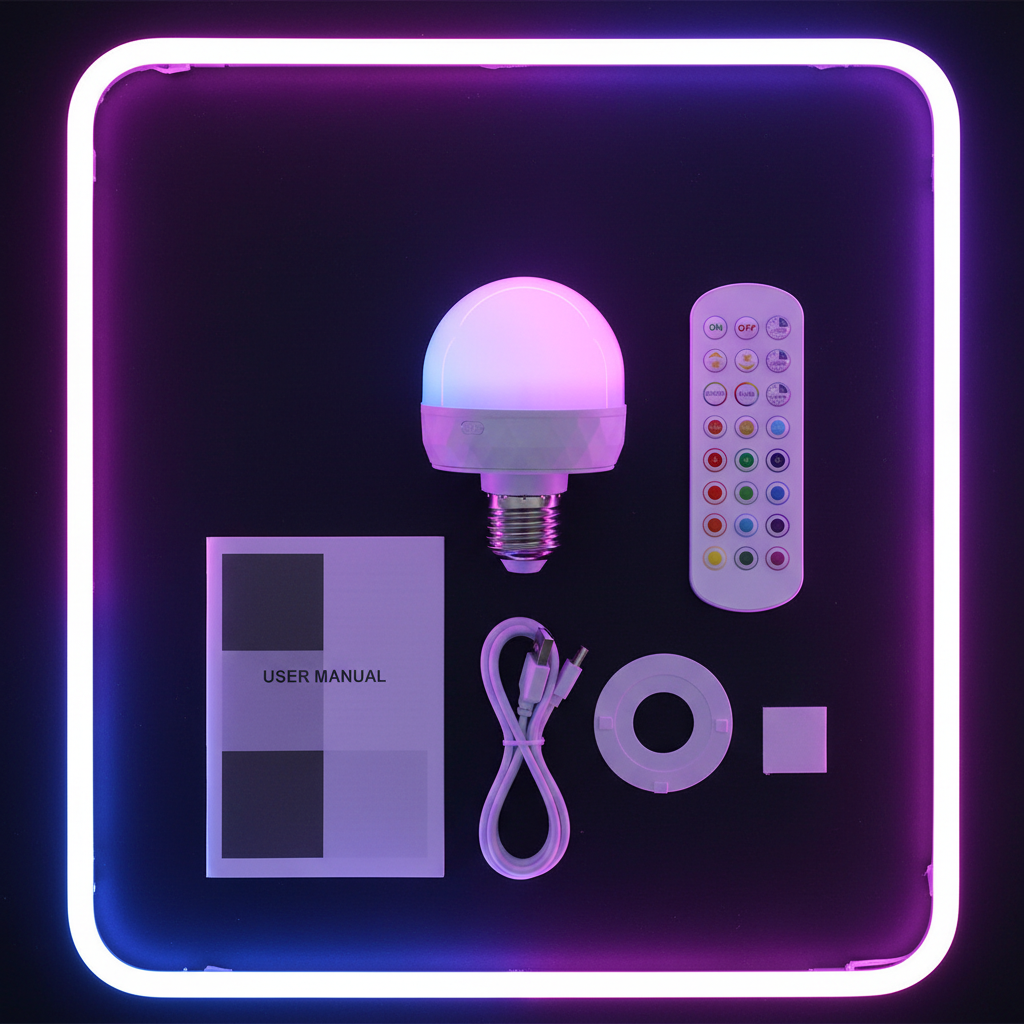 Product contents - bulb, cable, remote, manual